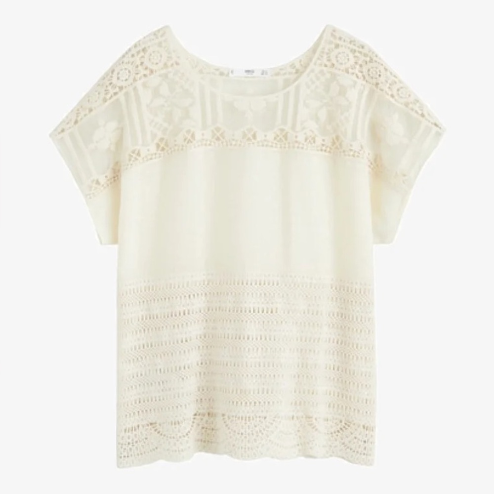 Mango Embroidered Crocheted Short Sleeve Blouse